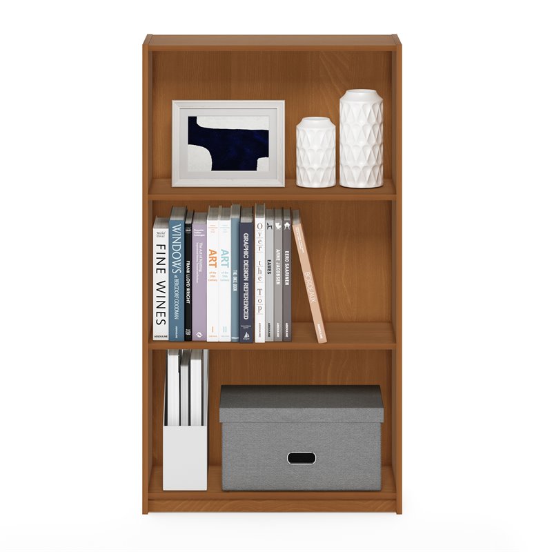 Pemberly Row Engineered Wood 3-Tier Bookcase Storage Shelves in Light Cherry