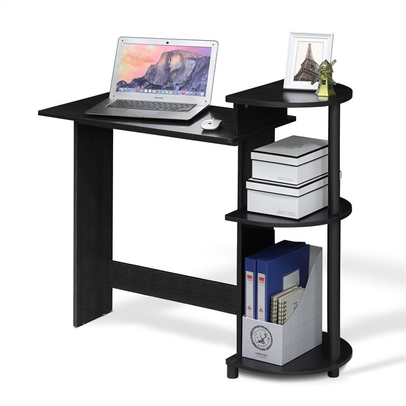 Pemberly Row Wood Compact Computer Desk with Shelves in Americano Black
