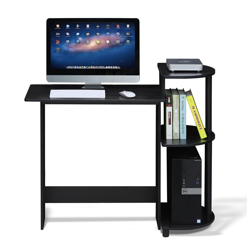 Pemberly Row Wood Compact Computer Desk with Shelves in Americano Black