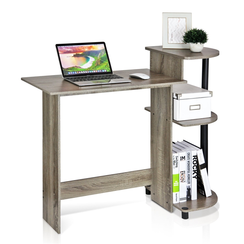 Pemberly Row Wood Compact Computer Desk with Shelves in French Oak Gray/Black