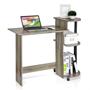 Pemberly Row Wood Compact Computer Desk with Shelves in French Oak Gray/Black