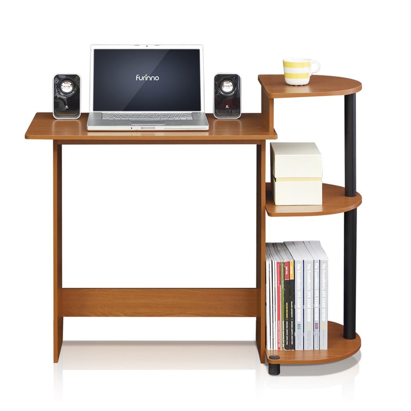 Pemberly Row Wood Compact Computer Desk with Shelves in Light Cherry/Black