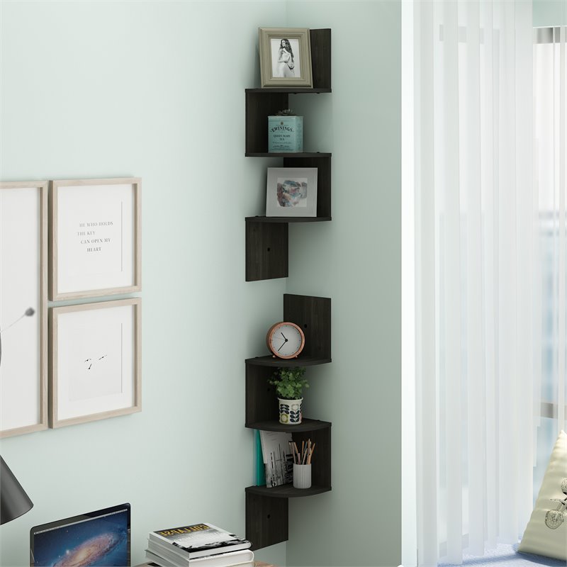 Pemberly Row Wood Wall Mount Floating Corner Radial Shelf in Espresso(Set of 2)