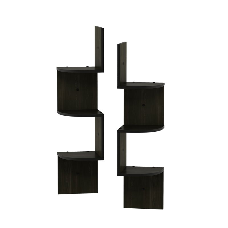 Pemberly Row Wood Wall Mount Floating Corner Radial Shelf in Espresso(Set of 2)