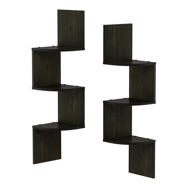 Pemberly Row Wood Wall Mount Floating Corner Radial Shelf in Espresso(Set of 2)