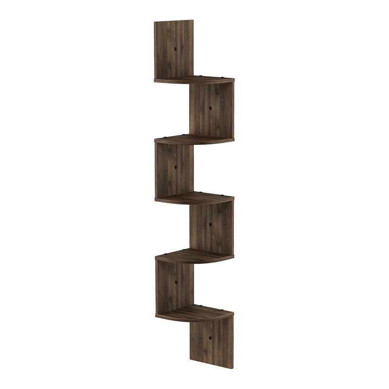 Pemberly Row Wood Wall Mount Floating Radial Corner Shelf in Columbia Walnut