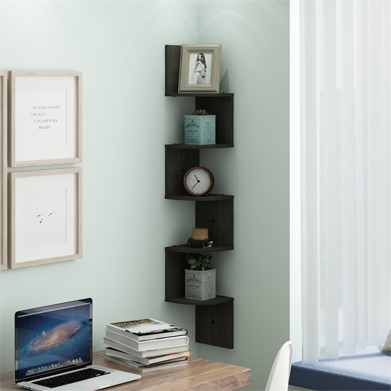 Pemberly Row Wood 5-Tier Wall Mount Floating Radial Corner Shelf in Espresso