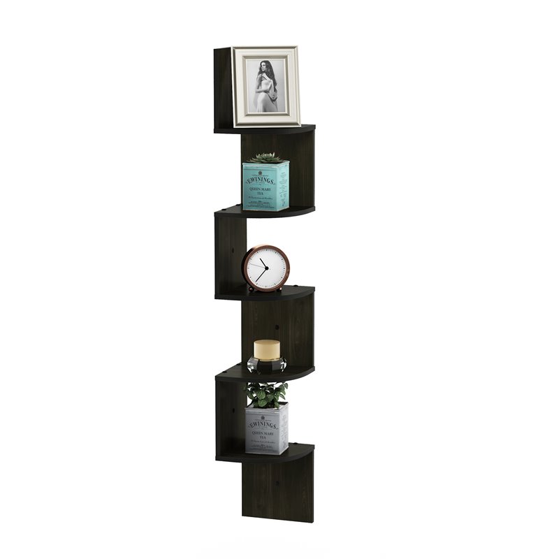 Pemberly Row Wood 5-Tier Wall Mount Floating Radial Corner Shelf in Espresso