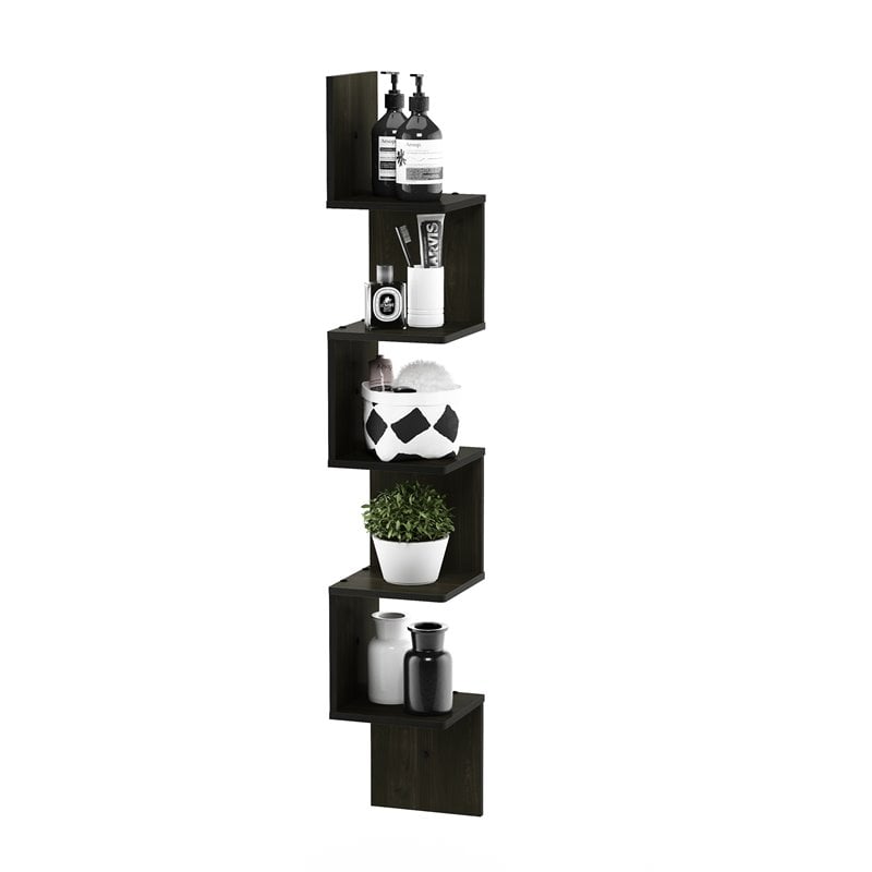 Pemberly Row Wood 5-Tier Wall Mount Floating Corner Square Shelf in Espresso
