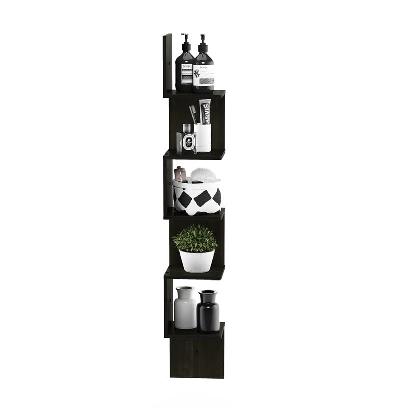 Pemberly Row Wood 5-Tier Wall Mount Floating Corner Square Shelf in Espresso