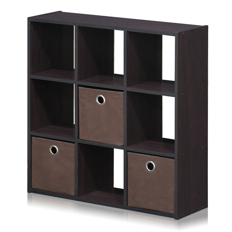 Pemberly Row Engineered Wood 9-Cube Organizer with Bins in Dark Walnut