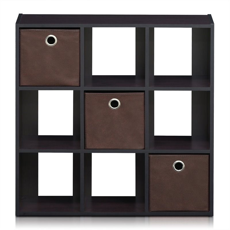 Pemberly Row Engineered Wood 9-Cube Organizer with Bins in Dark Walnut