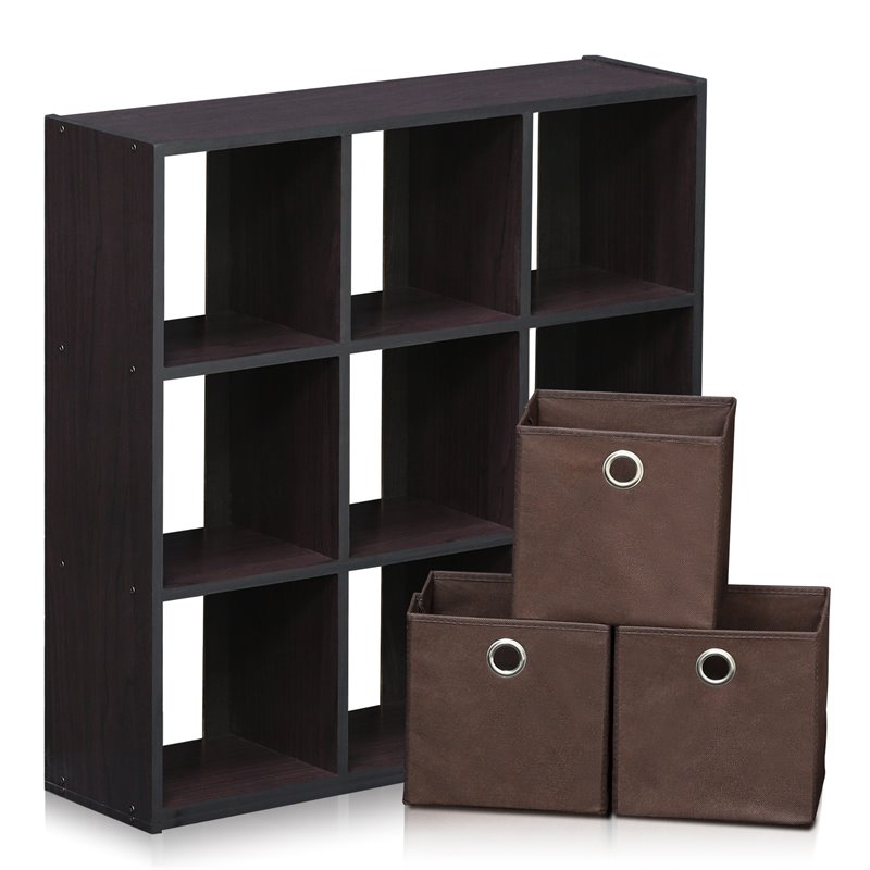 Pemberly Row Engineered Wood 9-Cube Organizer with Bins in Dark Walnut