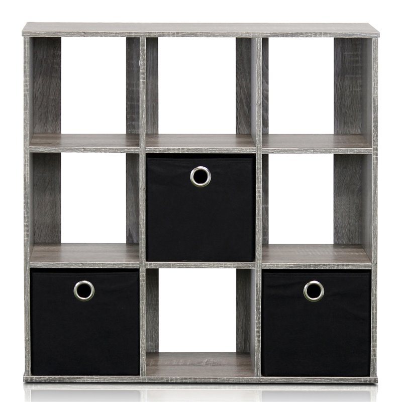 Pemberly Row Engineered Wood 9-Cube Organizer with Bins in Gray/Black