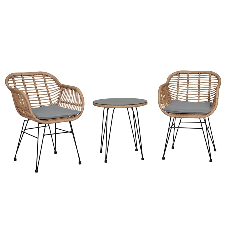 Pemberly Row 3-Piece Rattan Patio Conversation Set in Brown/Gray