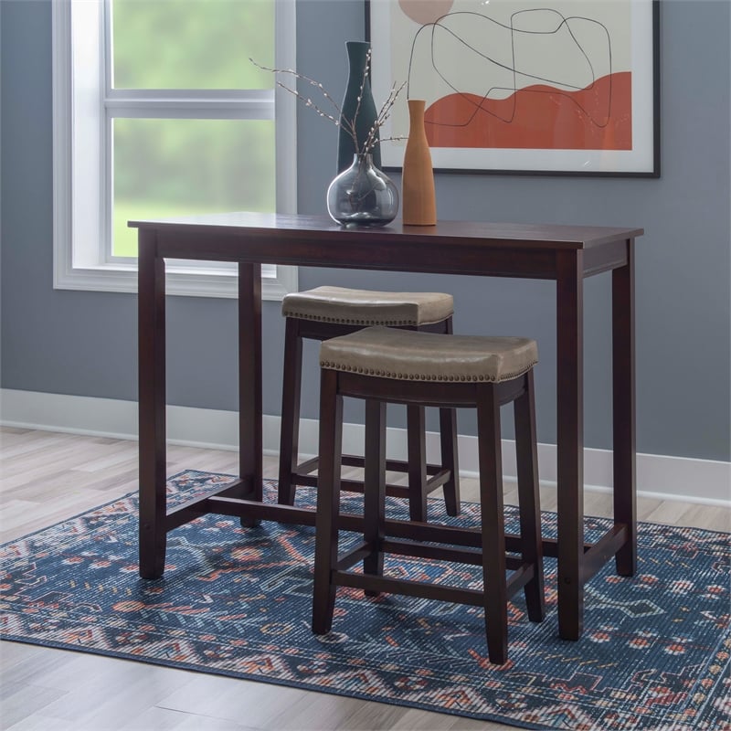 Pemberly Row Wood 3 Piece Counter Dining Set Beige Faux Leather Seats in Brown