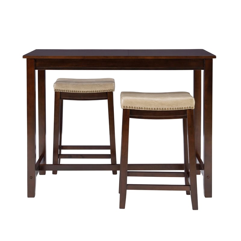 Pemberly Row Wood 3 Piece Counter Dining Set Beige Faux Leather Seats in Brown