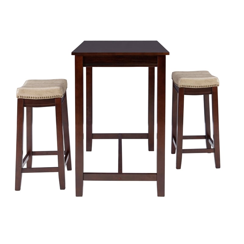 Pemberly Row Wood 3 Piece Counter Dining Set Beige Faux Leather Seats in Brown