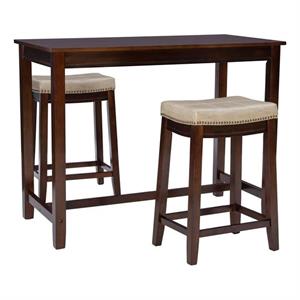 Pemberly Row Wood 3 Piece Counter Dining Set Beige Faux Leather Seats in Brown