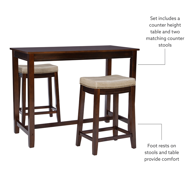 Pemberly Row Wood 3 Piece Counter Dining Set Beige Faux Leather Seats in Brown