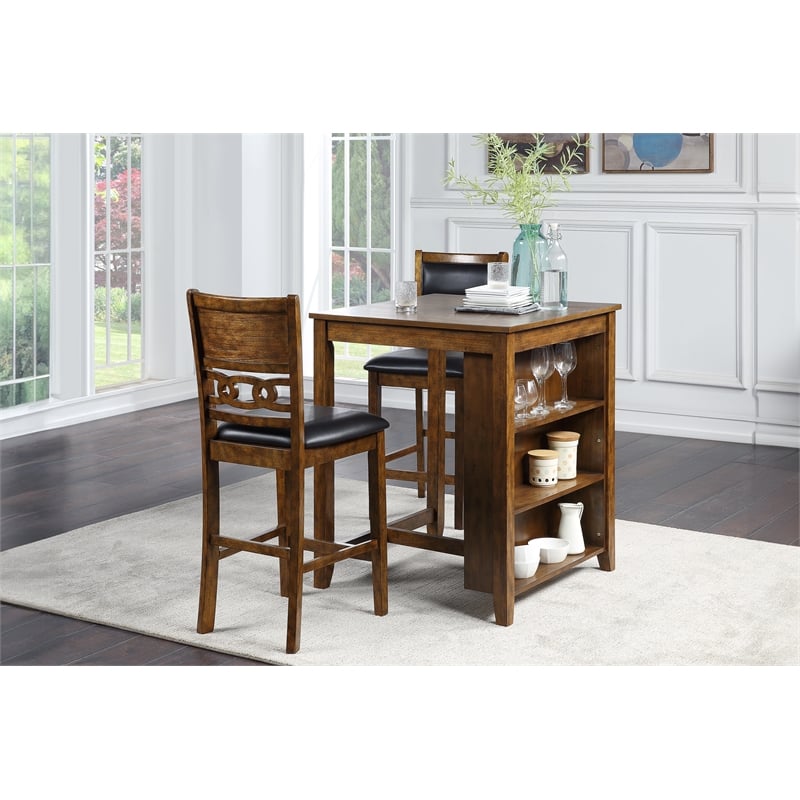 Pemberly Row Contemporary Solid Wood Counter Table w/ 2 Chairs in Brown