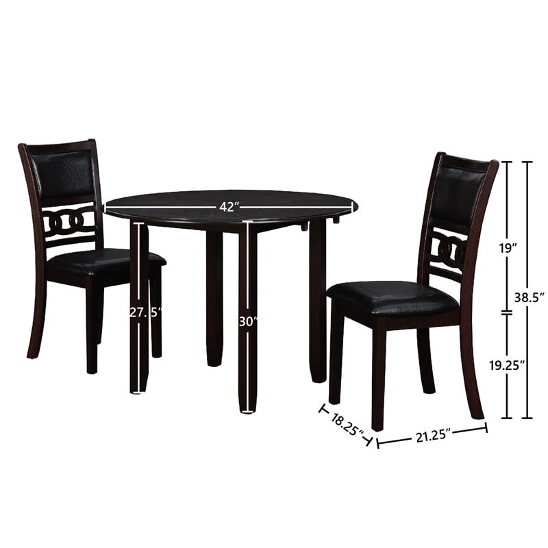 Pemberly Row Solid Wood Dining Drop Leaf Table w/ 2 Chairs in Ebony