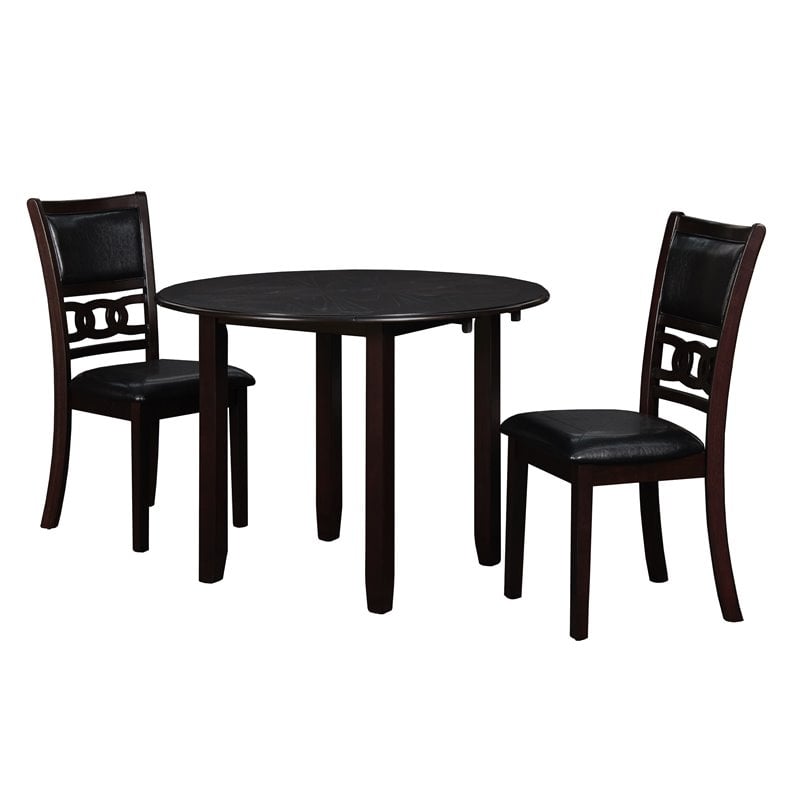 Pemberly Row Solid Wood Dining Drop Leaf Table w/ 2 Chairs in Ebony