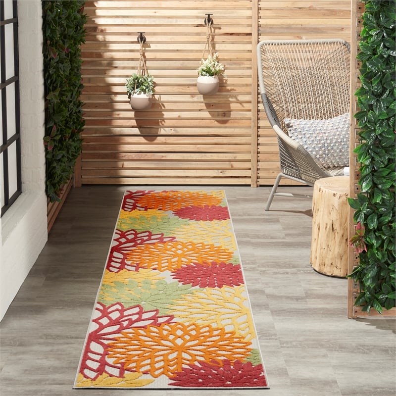 Pemberly Row 12' Runner Red Multicolored Fabric Tropical Area Rug (12' Runner)