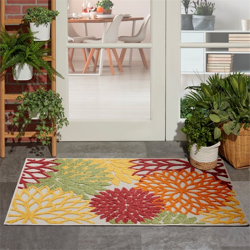 Pemberly Row 3' x 4' Red Multicolored Fabric Tropical Area Rug (3' x 4')