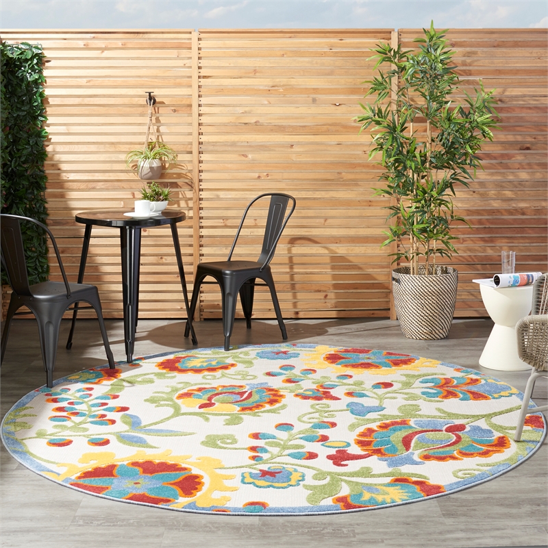 Pemberly Row 8' x Round Ivory Multicolor Fabric Farmhouse Area Rug (8' Round)