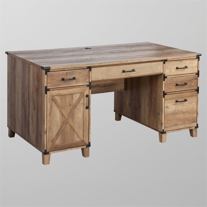 Pemberly Row Contemporary Wood Casual Farmhouse Rustic Oak Pedestal Desk