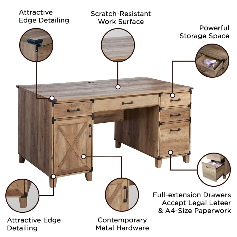 Pemberly Row Contemporary Wood Casual Farmhouse Rustic Oak Pedestal Desk