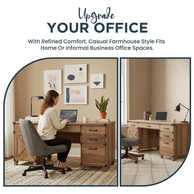 Pemberly Row Contemporary Wood Casual Farmhouse Rustic Oak Pedestal Desk