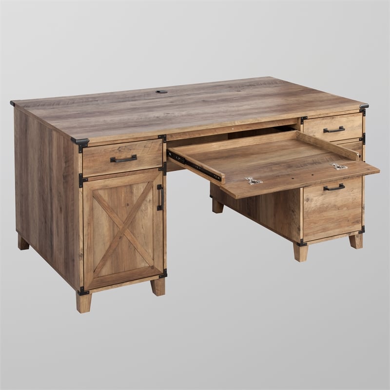 Pemberly Row Contemporary Wood Casual Farmhouse Rustic Oak Pedestal Desk