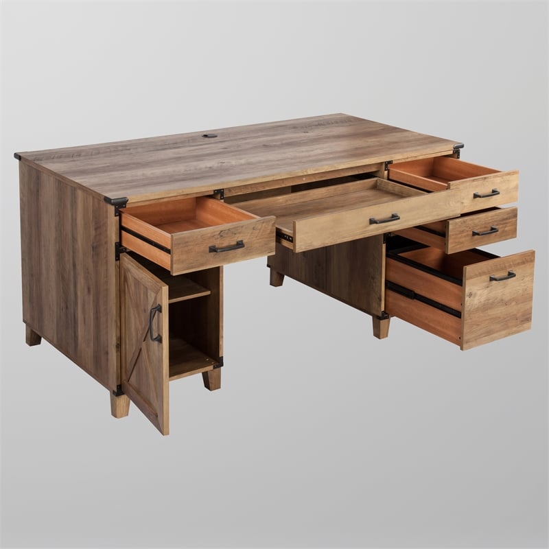 Pemberly Row Contemporary Wood Casual Farmhouse Rustic Oak Pedestal Desk