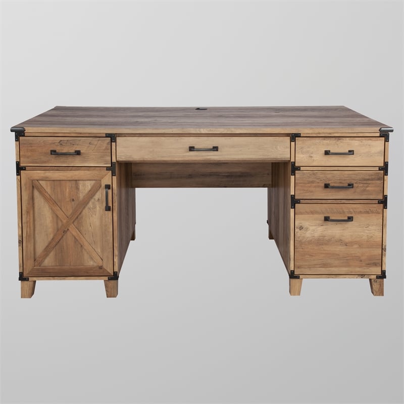 Pemberly Row Contemporary Wood Casual Farmhouse Rustic Oak Pedestal Desk