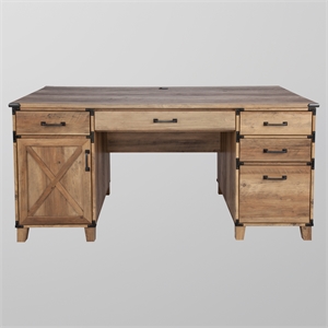 Pemberly Row Contemporary Wood Casual Farmhouse Rustic Oak Pedestal Desk