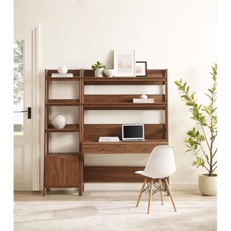 Pemberly Row Contemporary 2-Piece Wood Office Desk and Bookshelf-Walnut