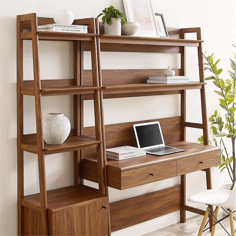 Pemberly Row Contemporary 2-Piece Wood Office Desk and Bookshelf-Walnut