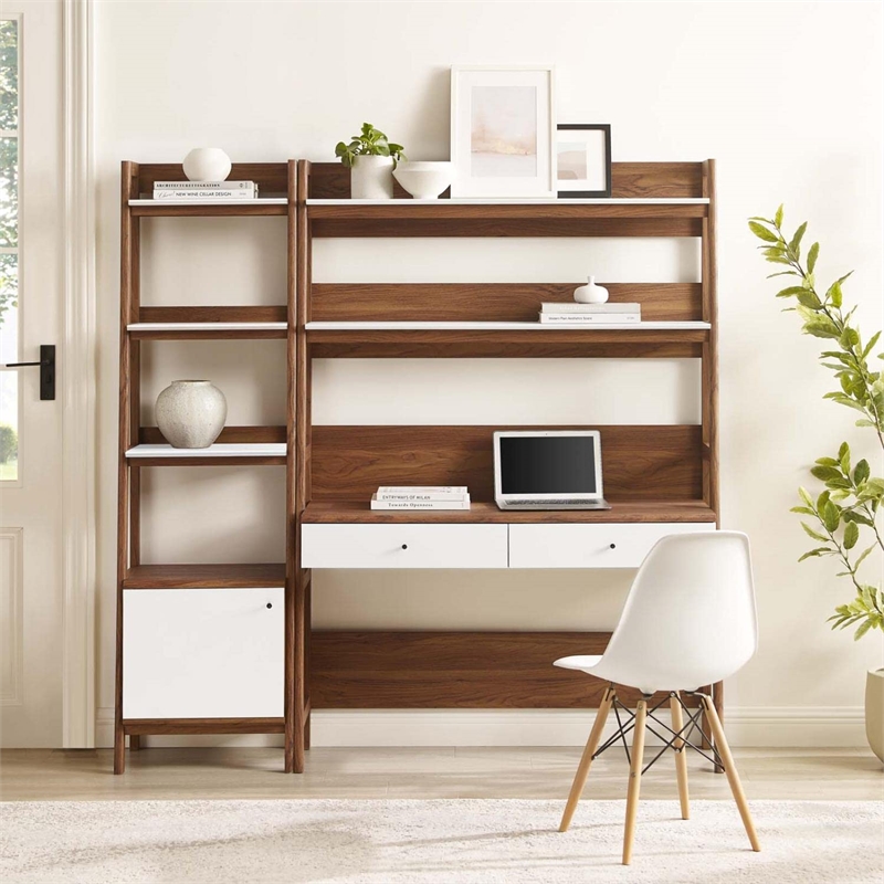 Pemberly Row 2-Piece Wood Office Desk and Bookshelf-Walnut/White