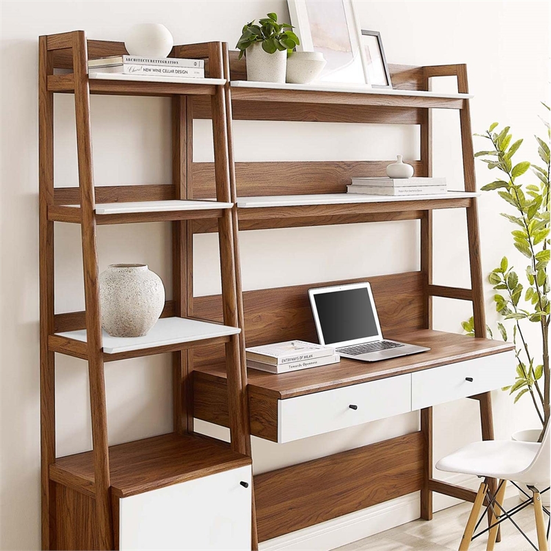 Pemberly Row 2-Piece Wood Office Desk and Bookshelf-Walnut/White