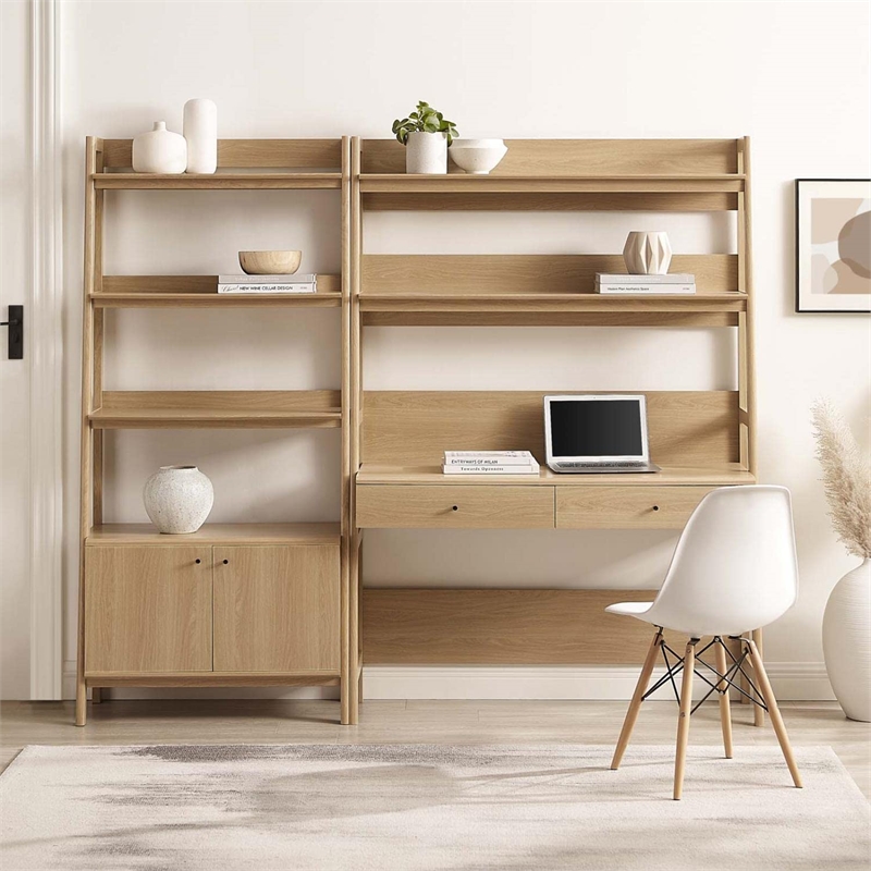 Pemberly Row 2-Piece Modern Style Wood Office Desk and Bookshelf in Oak
