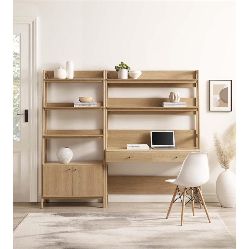 Pemberly Row 2-Piece Modern Style Wood Office Desk and Bookshelf in Oak