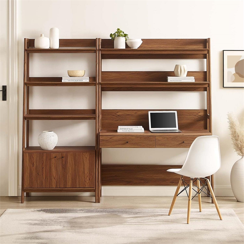 Pemberly Row 2-Piece Wood Office Desk and Bookshelf in Walnut