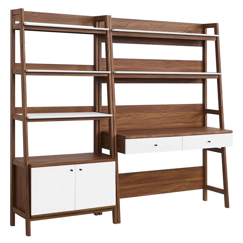 Pemberly Row 2-Piece Wood Office Desk and Bookshelf in Walnut/White