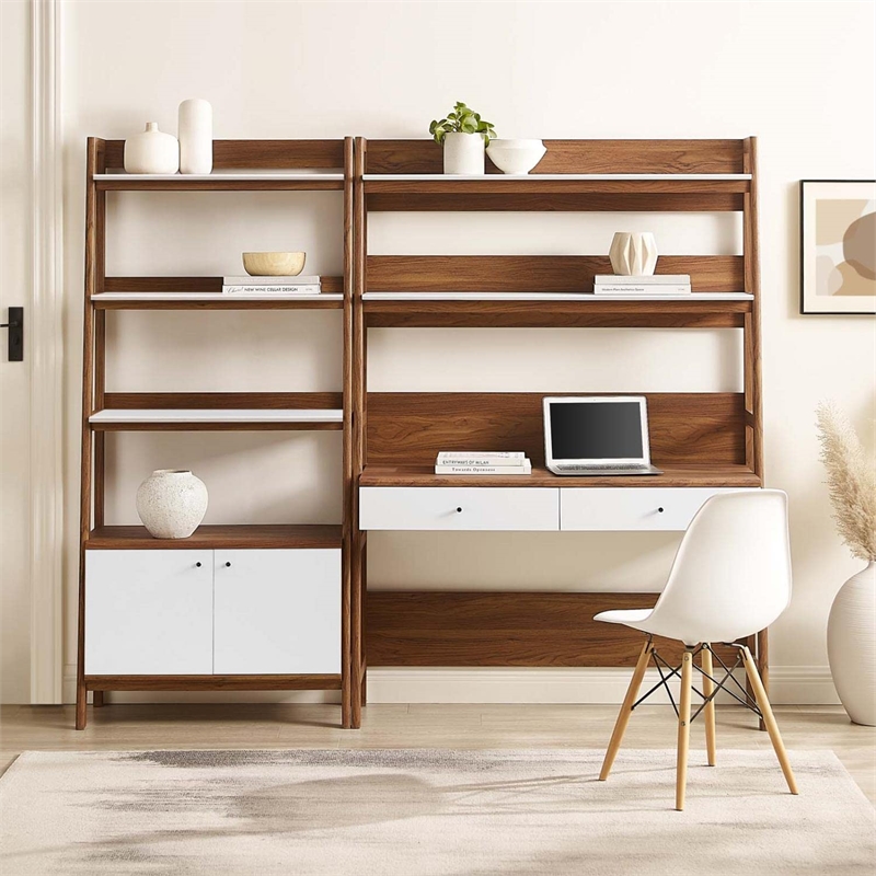 Pemberly Row 2-Piece Wood Office Desk and Bookshelf in Walnut/White