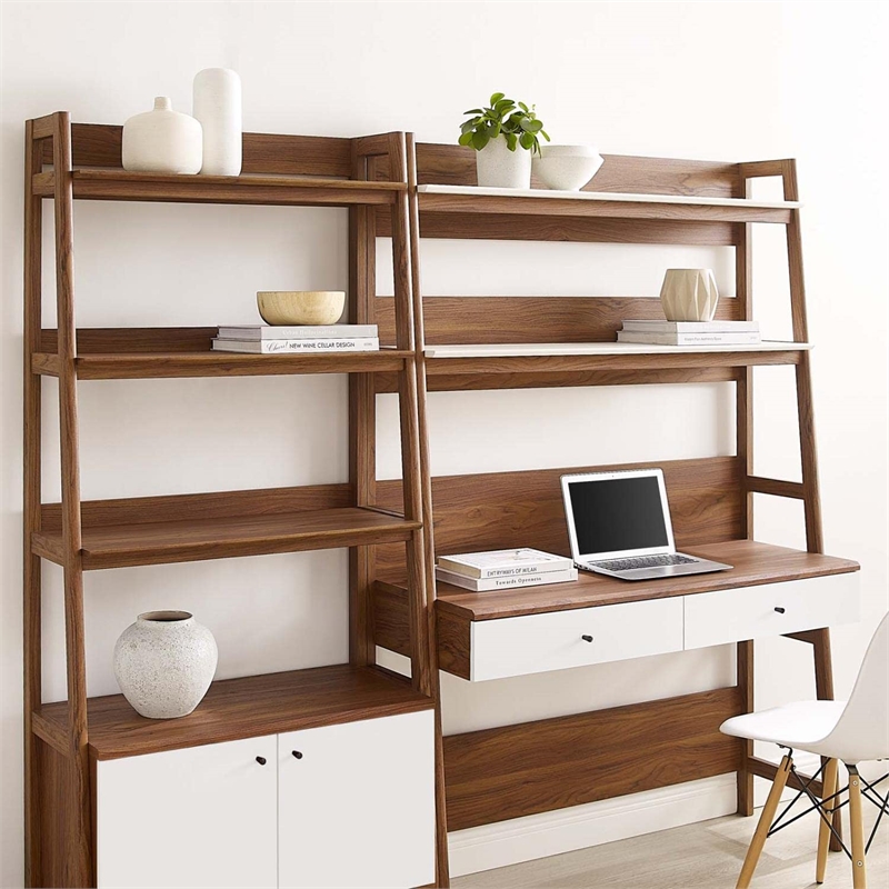 Pemberly Row 2-Piece Wood Office Desk and Bookshelf in Walnut/White
