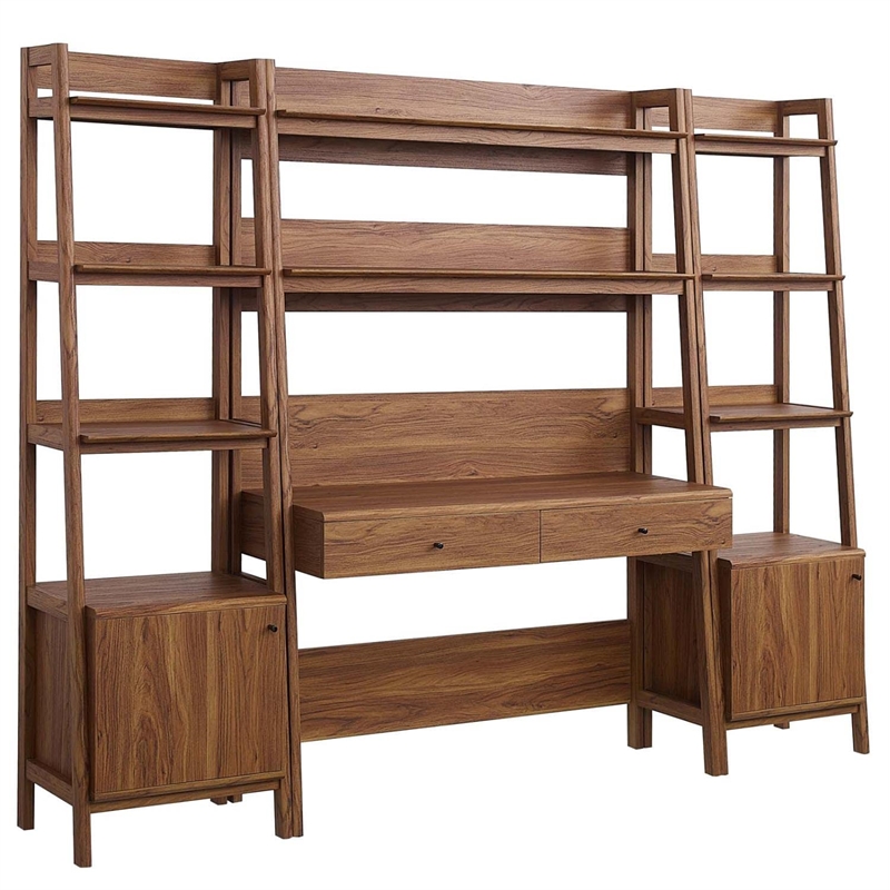 Pemberly Row Contemporary 3-Piece Wood Office Desk and Bookshelf-Walnut