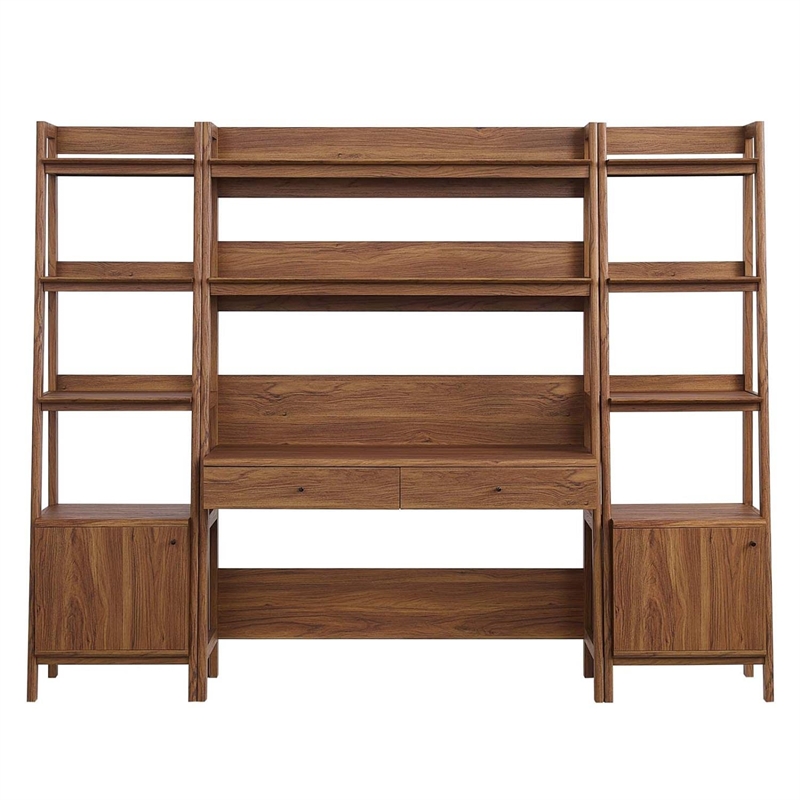 Pemberly Row Contemporary 3-Piece Wood Office Desk and Bookshelf-Walnut