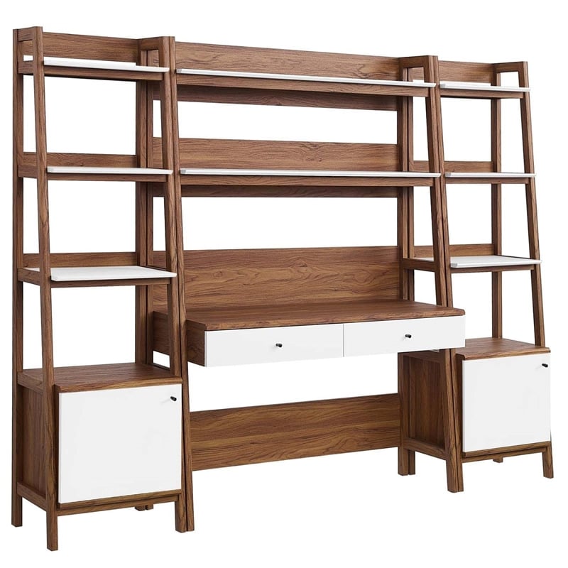 Pemberly Row 3-Piece Wood Office Desk and Bookshelf-Walnut/White
